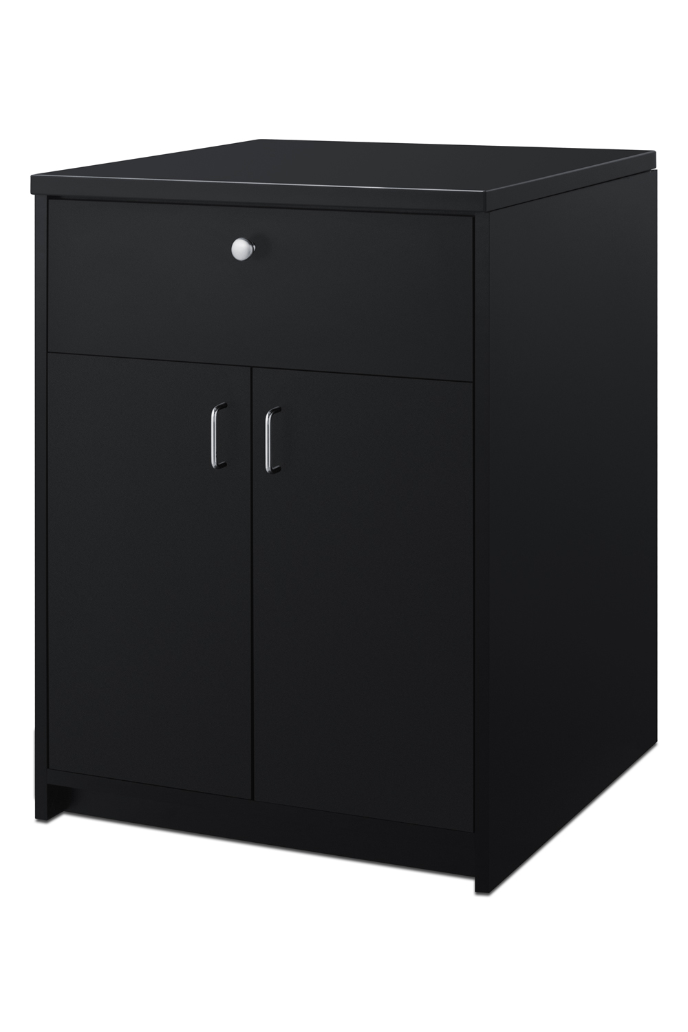 Fully assembled casework cabinet with storage drawer and French doors in ADA compliant height and black finish